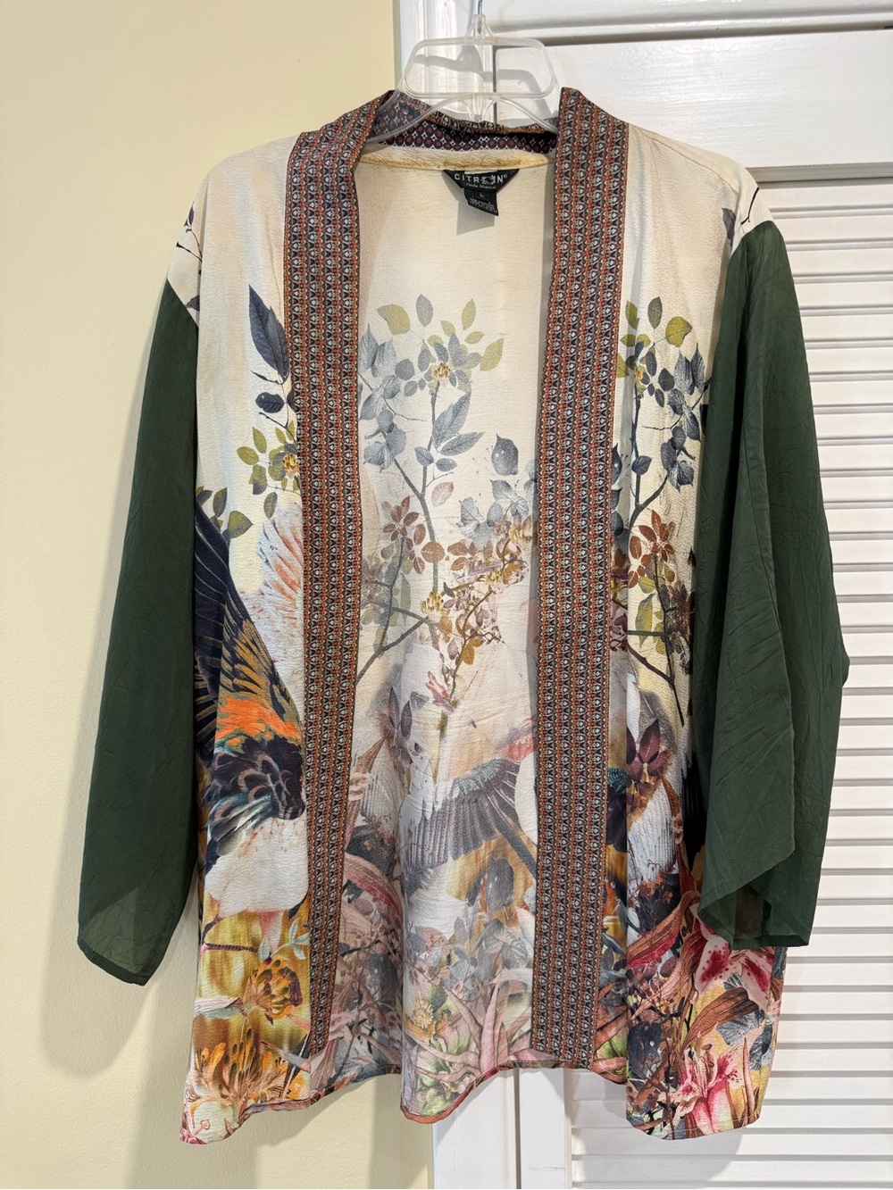 Citron Santa Monica 100% Silk Crane Floral Kimono Jacket, size Large
